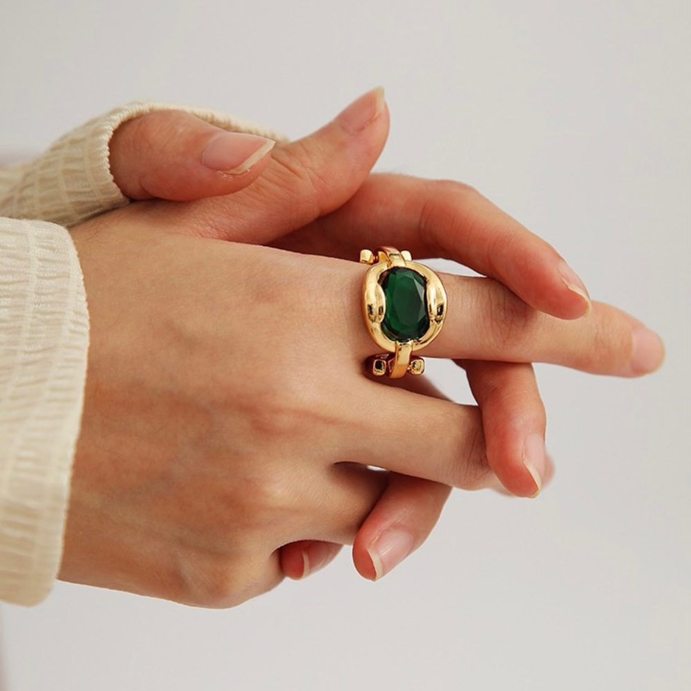 Green emerald ring, Statement gold ring, chunky gold ring, green gem ring gold